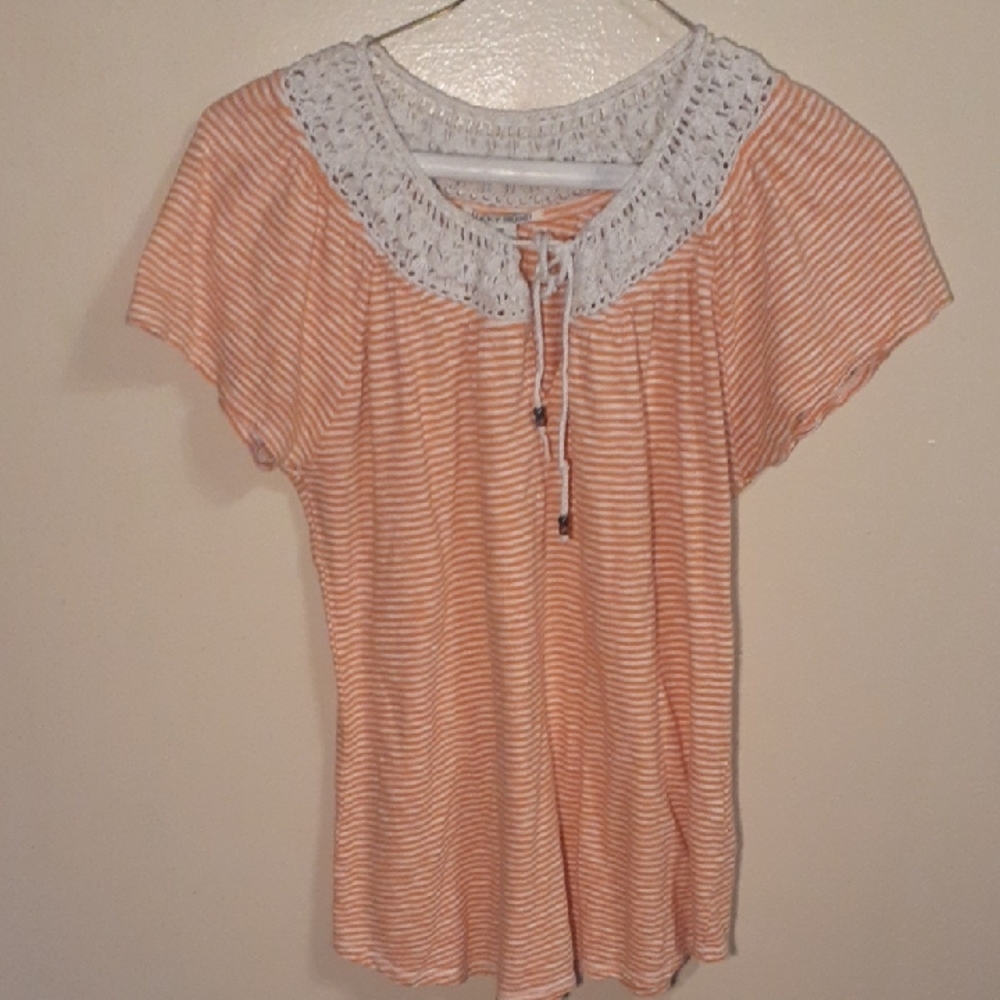 Lucky Brand Peach Striped Blouse with Lace Detail